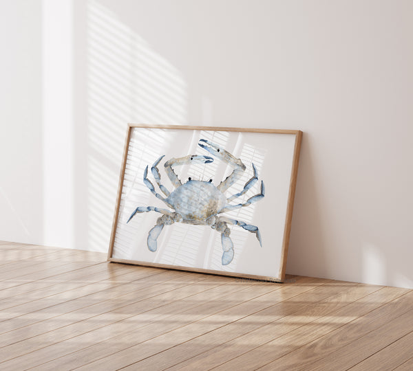 Blauer Krabben Aquarell Kunstdruck – Modernes Coastal Wandbild für Strandhäuser
