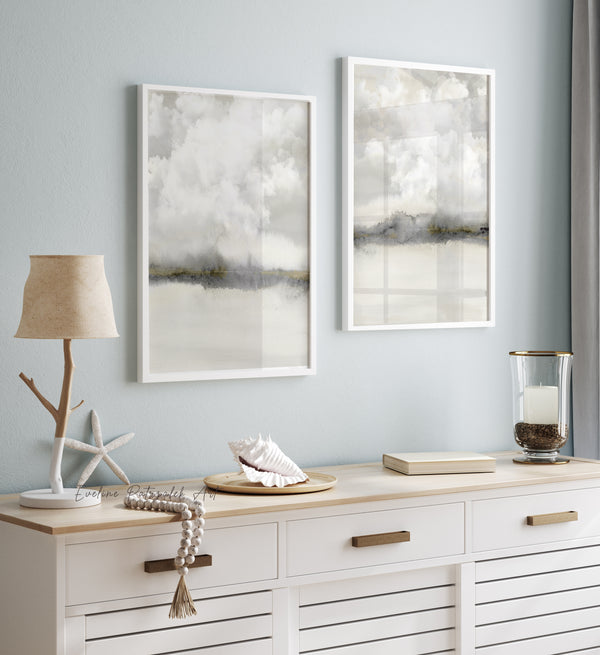 Japandi Wandbilder – Set von 2 Beige und Grau Abstrakte Landschaft mit Wolken