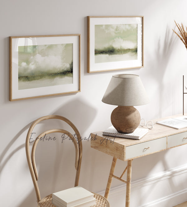 Salbeigrün Aquarell Wandbilder 2er-Set – Japandi Wolken Landschaft Kunst für moderne minimalistische Einrichtung
