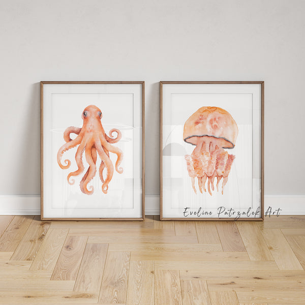 Orange Botanische Korallen Wandbilder Set 3er Maritime Küstenkunst