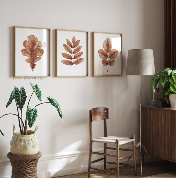 Aquarell Herbstblätter Set von 3 Drucken – Skandinavische Braun Botanische Wandbilder