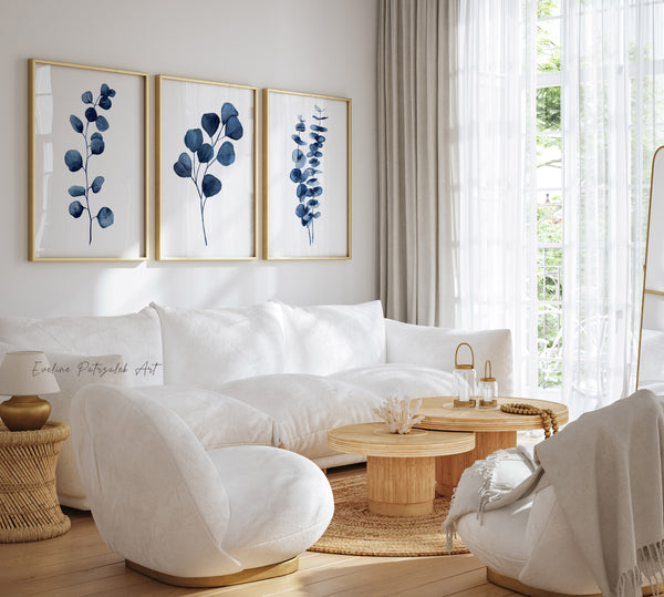 Watercolor Eucalyptus Wall Art Set of 3 – Navy Blue Botanical Prints for Modern Bedroom or Living Room
