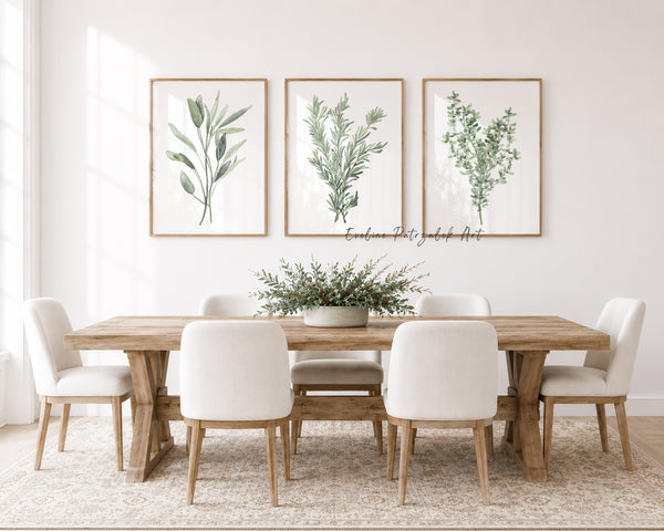 Küchenkräuter Aquarellkunst, 3 moderne botanische Wandposter