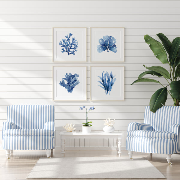 Aquarell Blaue Korallen Wandkunst Drucke – Indigo Marine Küsten Meerestiere Set aus 4, Nautische Ozean Botanische Kunstwerke für Strandhaus Deko