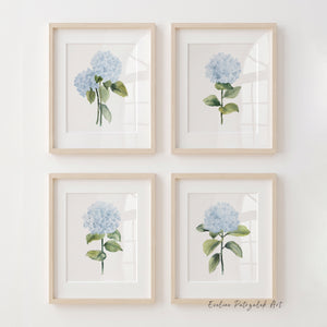 Watercolor Hydrangea Prints Set of 4, Soft Blue Floral Botanical Wall Art