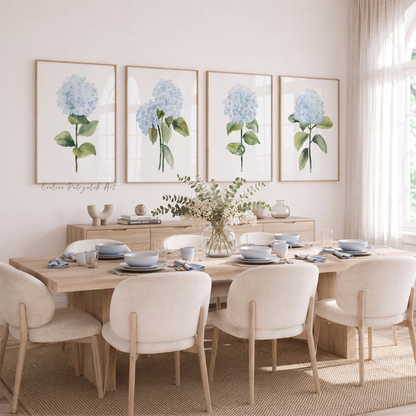 Set aus 4 Aquarell Hortensien Postern – Blaue Blumen Bilder – Botanische Wanddeko für modernes Wohnzimmer oder Schlafzimmer