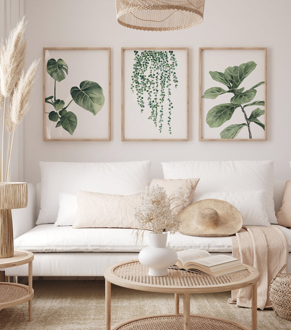 Watercolor paintings of various green tropical leaves add a touch of nature to a living room with a white sofa, a round coffee table, and a wicker lampshade.