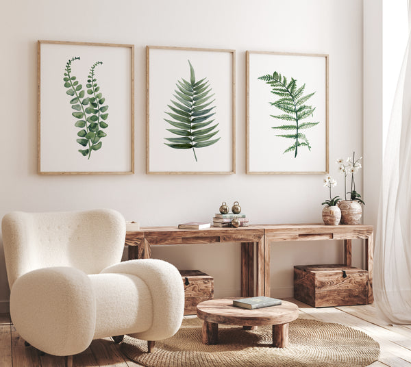 Set of 3 modern fern and branch art prints for interiors