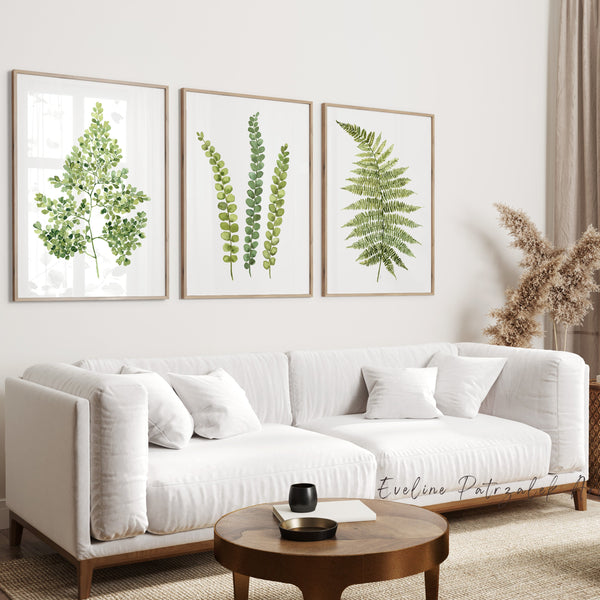 Living room with a white sofa, wooden coffee table, and framed botanical prints on the wall.