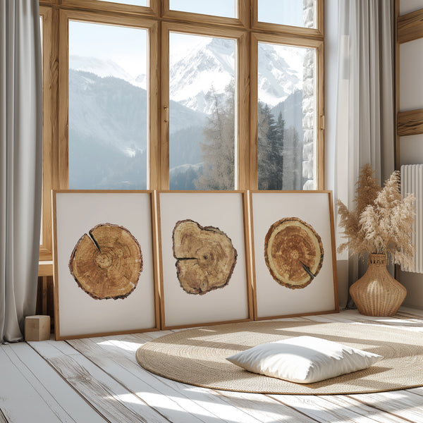 set of 3 wooden frames with minimalist tree trunks painted on white background stands on the floor and is leaning against large window with mountain view