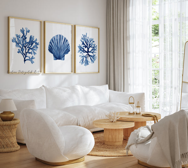 Navy Blue Coastal Prints Set of 3 – Coral and Shell, Above Couch Beach House Decor, Watercolor Botanical Art