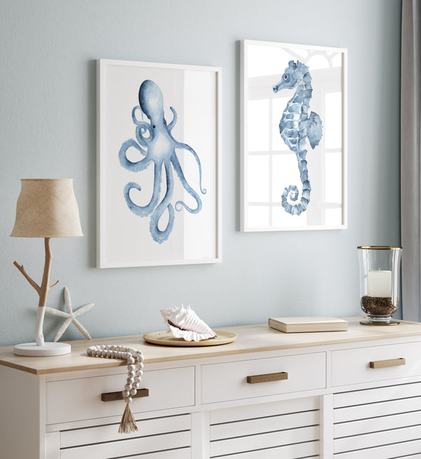 Oktopus und Seepferdchen Wandbilder – 2er Set Küsten Aquarell Meeresmotive, Ungerahmte Maritime Strandhaus Wanddekoration