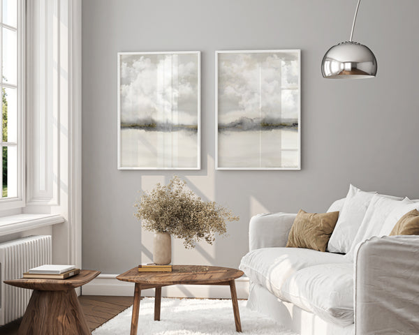 Japandi Wandbilder – Set von 2 Beige und Grau Abstrakte Landschaft mit Wolken