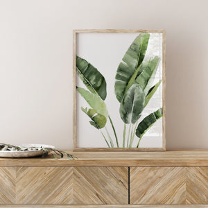 Green tropical watercolor leaves print for modern living room