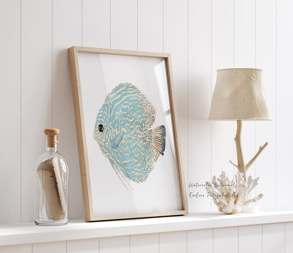 Mint green discus fish wall art in wooden frame – unframed coastal watercolor print styled on white shelf with nautical decor