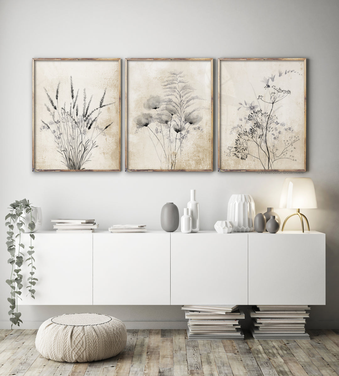 Modern farmhouse botanical set of 3 prints – Watercolor Botanicals