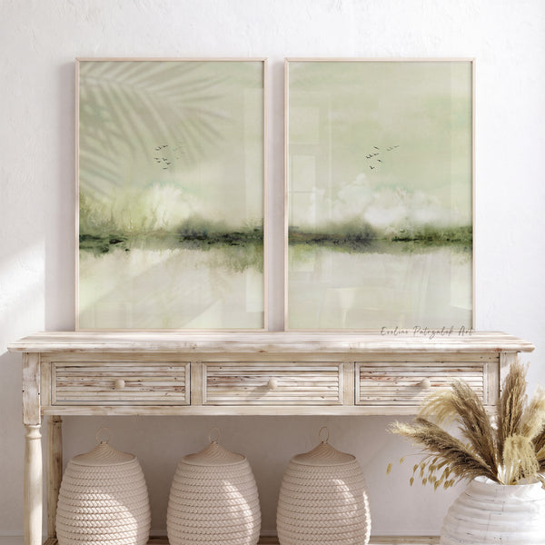 Green Landscape Wall Art Set of 2 – Abstract Watercolor Japandi Prints