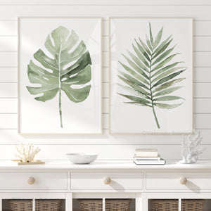 Sage Green Watercolor Botanical Leaf Prints Set – Tropical Minimalist Wall Art, Modern Nature Home Decor