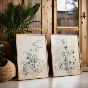 Vintage Wildblumen Bilder 2er Set – Schwarz-Beige Landhaus Wandbilder