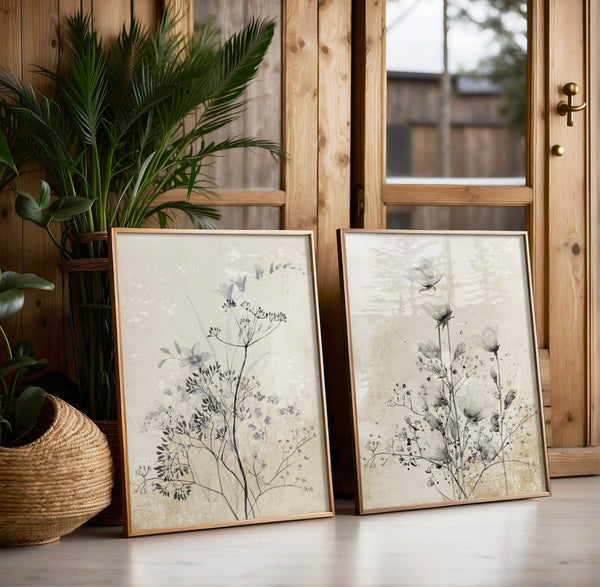 Two vintage wildflower prints in black and grey on aged beige paper, leaning against a wooden door next to a palm