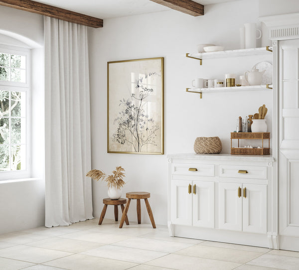 Single vintage wildflower print in a white kitchen with open shelves