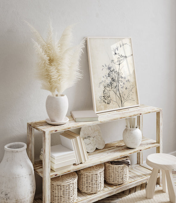 Wildflower print on a light wooden shelf with pampas grass