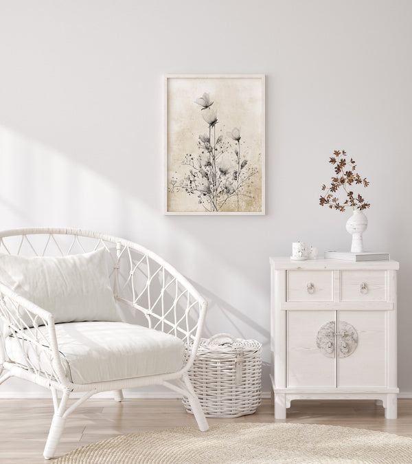 Wildflower print above a white cabinet next to a white wicker chair