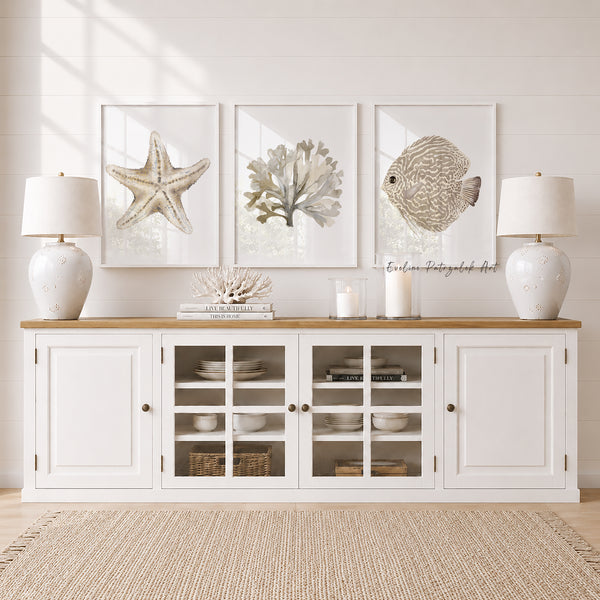 Coastal Farmhouse Wall Art Set of 3 Neutral Coastal Prints