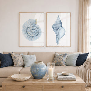 Ammonite & Conch Shell Wall Art – Minimalist Coastal Art Set