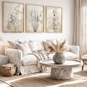 Modern Farmhouse American Art Set of 3 Prints – Neutral Black and Tan Botanical Wall Decor for Living Room, Bedroom, Rustic Country Home