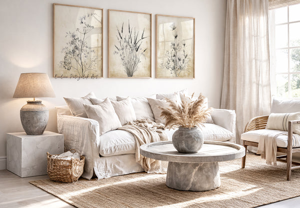 Living room with a white sofa, decorative pillows, and a stone coffee table in a modern farmhouse living room with modern farmhouse artwork above the couch