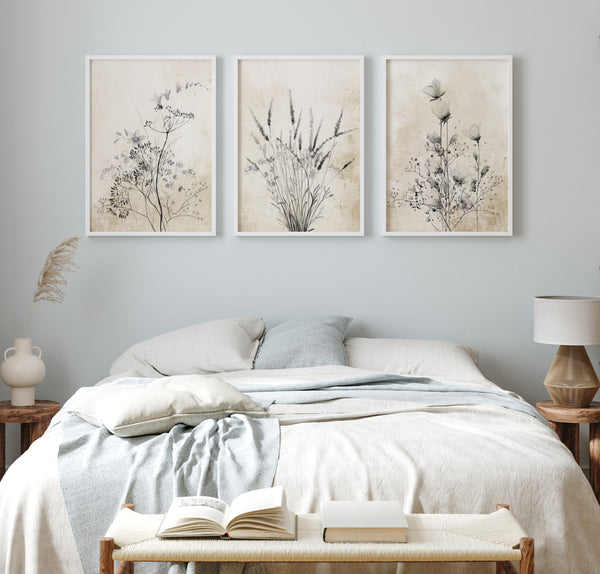 Modern Farmhouse American Art Set of 3 Prints – Neutral Black and Tan Botanical Wall Decor for Living Room, Bedroom, Rustic Country Home