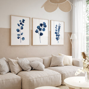 Watercolor Eucalyptus Wall Art Set of 3 – Navy Blue Botanical Prints for Modern Bedroom or Living Room
