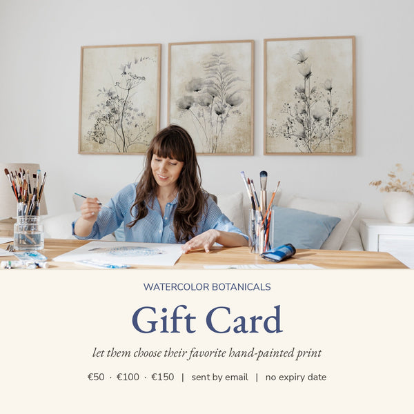 Watercolor Botanicals gift card – Eveline painting at her desk, €50, €100 or €150, sent by email
