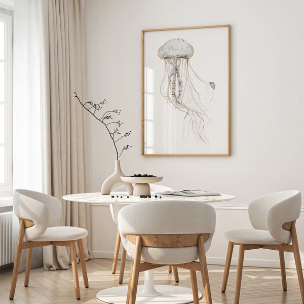 Neutral jellyfish wall art above a round dining table with cream chairs