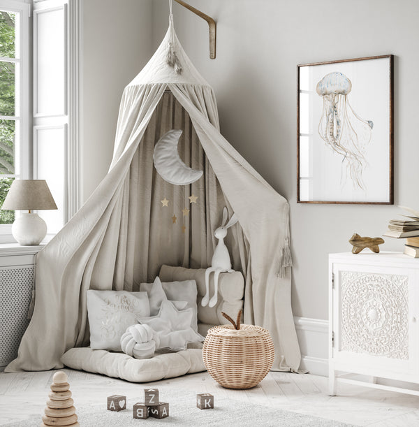 Soft beige jellyfish print in a calm nursery reading corner