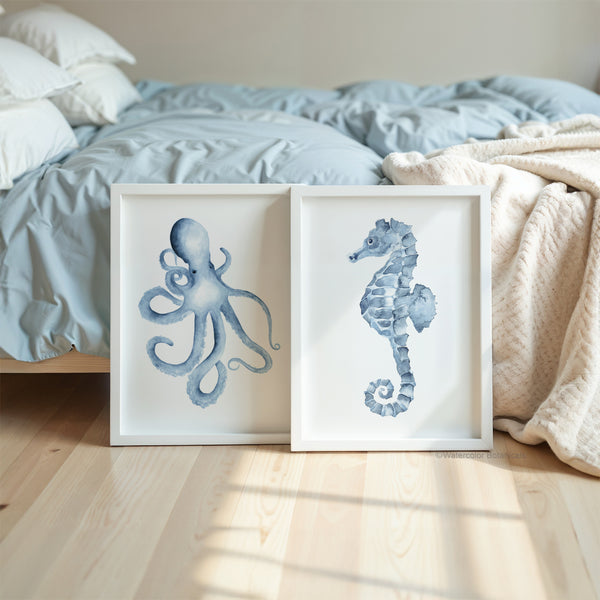 Oktopus und Seepferdchen Wandbilder – 2er Set Küsten Aquarell Meeresmotive, Ungerahmte Maritime Strandhaus Wanddekoration