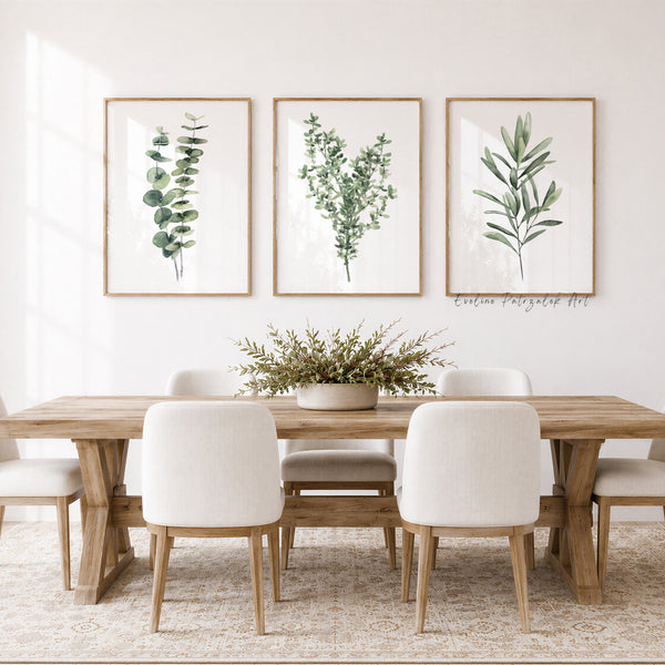 Eukalyptus, Thymian & Olive Wandbilder 3er Set – Aquarell Küchenkräuter Kunstdrucke