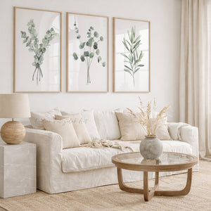 Watercolor Sage Green Botanical Wall Art Set of 3 – Minimalist Eucalyptus Prints – Scandinavian Neutral Living Room Decor