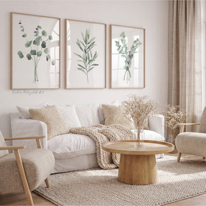 Watercolor Sage Green Botanical Wall Art Set of 3 – Minimalist Eucalyptus Prints – Scandinavian Neutral Living Room Decor