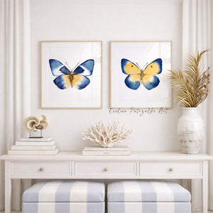 Navy Blue Butterfly Wall Art Set of 2, Modern Watercolor Butterflies Inspired by Vintage Natural History Illustrations