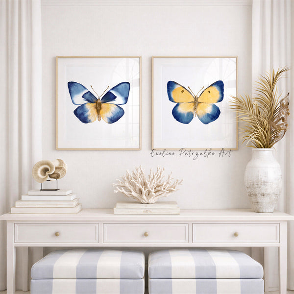 Blaue Schmetterlinge Aquarell Poster – Set von 2 Prints – Skandinavische Wanddeko – Geschenkidee
