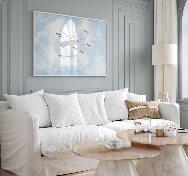 Abstract Blue Sky and Clouds Print – Modern Coastal Watercolor Wall Art