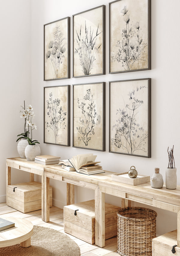 A gallery wall of six botanical illustrations showcasing various wildflowers in black ink on a vintage-inspired tan background. The artwork is displayed in a serene living room setting with a natural wood bench and neutral decor.