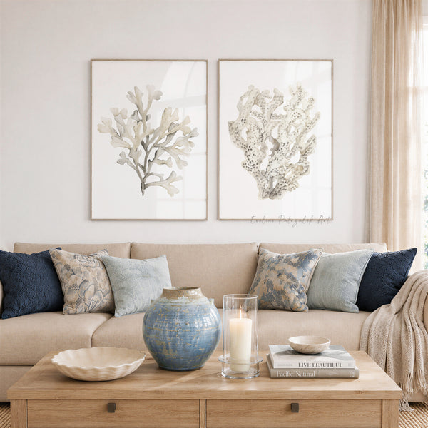 Beige Korallen Bilder 2er Set – Aquarell Wandbilder im Coastal Stil