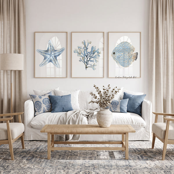 Light Blue Coastal Watercolor Wall Art Set – Fish, Coral & Starfish Prints