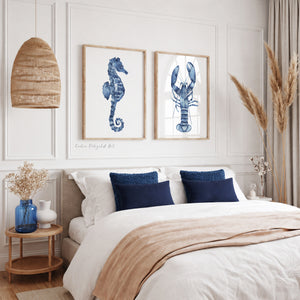 Seepferdchen & Hummer Wandbilder 2er Set – Maritime Aquarellbilder für Strandhaus & Küstenstil