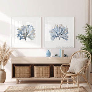 Blue Seaweed Wall Art Set of 2 – Coastal Prints, Watercolor Ocean-Inspired Decor for Living Room or Bedroom