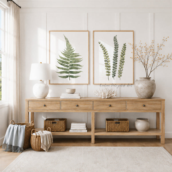 Olive Green Fern Wall Art – Organic Modern Botanical Watercolor Prints