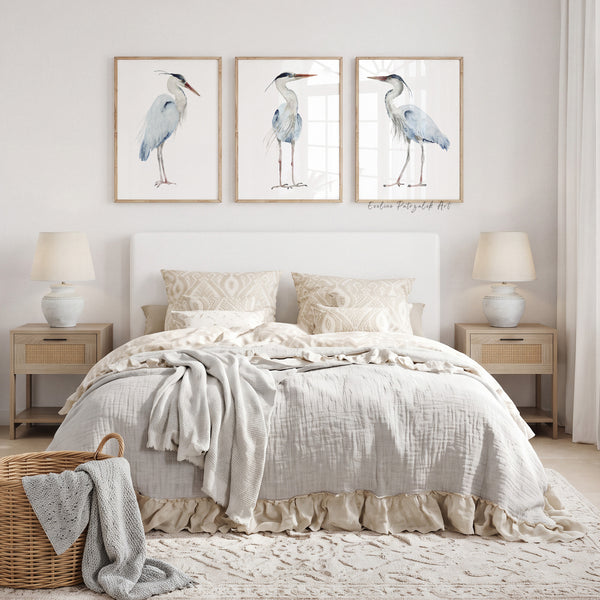 Coastal Blue Heron Wall Art Set of 3 – Elegant Watercolor Bird Art Prints